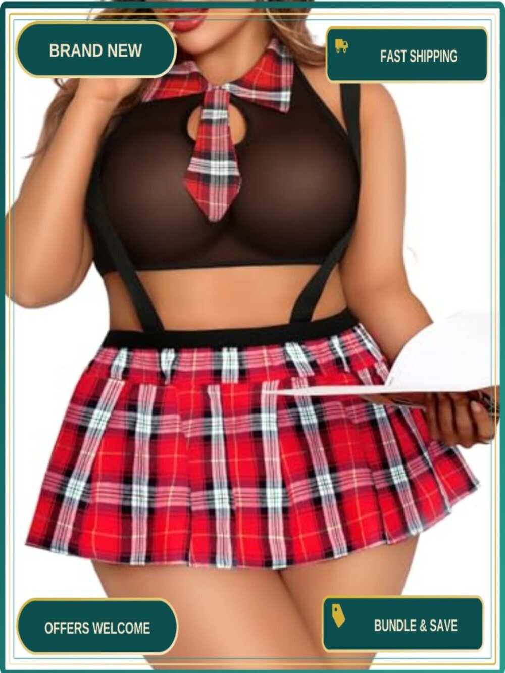 Plus Size Schoolgirl Lingerie Set with Mesh Crop Top and Plaid Skirt
